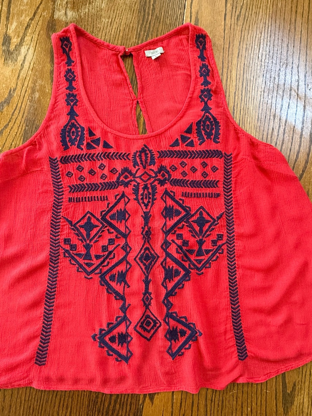Ecote Red Tank Top with Navy Geometric Embroidery